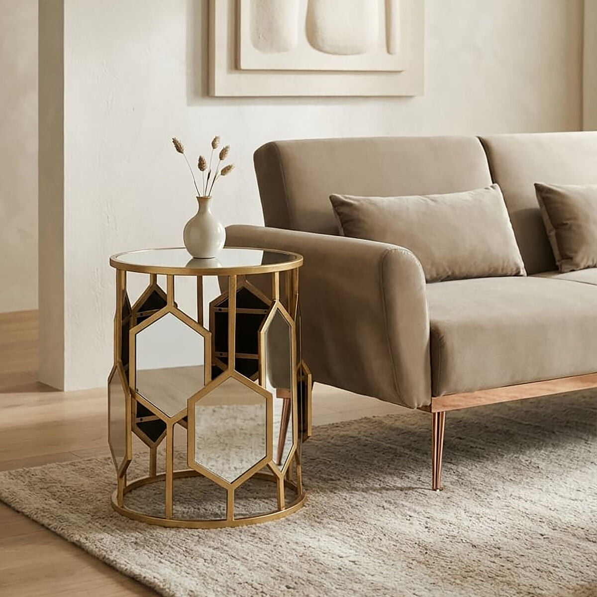Mirrored Top and Gold Finish Round Side Table