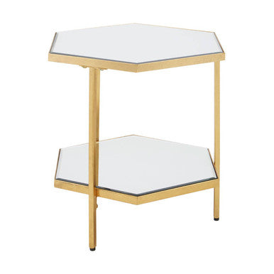 Gold Finish 2-Tier Side Table with Hexagonal Mirrored Glass Shelves