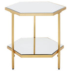 Gold Finish 2-Tier Side Table with Hexagonal Mirrored Glass Shelves