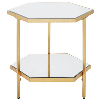 Gold Finish 2-Tier Side Table with Hexagonal Mirrored Glass Shelves