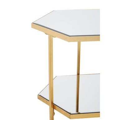 Gold Finish 2-Tier Side Table with Hexagonal Mirrored Glass Shelves