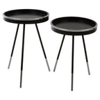 Black and Silver Set of 2 Side Tables with Raised Rim Tops and Silver Leg Tips
