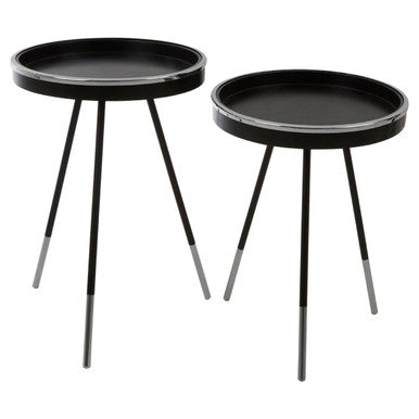 Black and Silver Set of 2 Side Tables with Raised Rim Tops and Silver Leg Tips