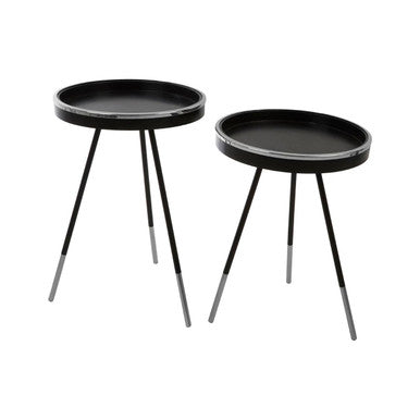 Black and Silver Set of 2 Side Tables with Raised Rim Tops and Silver Leg Tips
