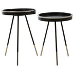 Black and Silver Set of 2 Side Tables with Raised Rim Tops and Silver Leg Tips