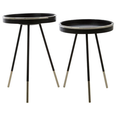 Black and Silver Set of 2 Side Tables with Raised Rim Tops and Silver Leg Tips