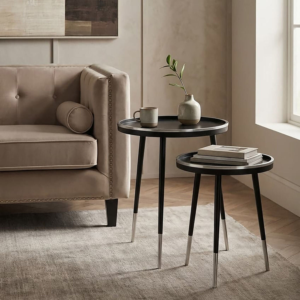 Black and Silver Set of 2 Side Tables with Raised Rim Tops and Silver Leg Tips