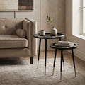 Black and Silver Set of 2 Side Tables with Raised Rim Tops and Silver Leg Tips