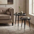 Black and Silver Set of 2 Side Tables with Raised Rim Tops and Silver Leg Tips