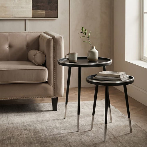 Black and Silver Set of 2 Side Tables with Raised Rim Tops and Silver Leg Tips