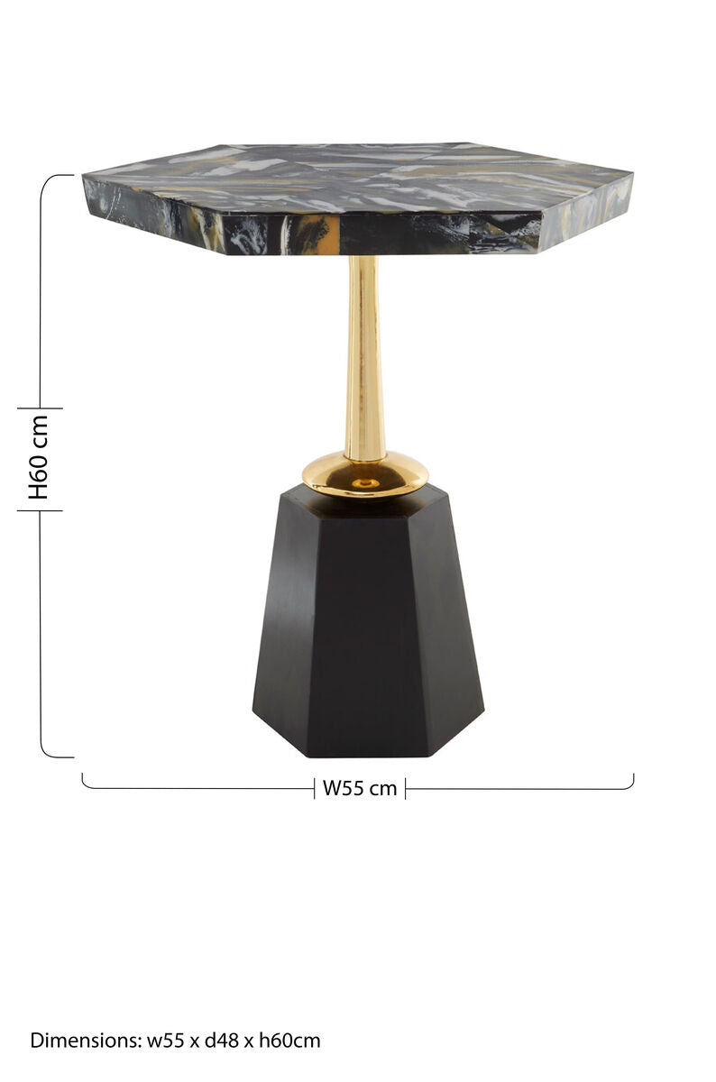 Assorted Horn Effect Hexagonal Top Side Table with Gold Pedestal and Black Base