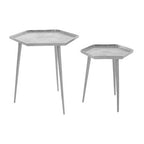 Silver Set of 2 Hexagonal Side Tables with Textured Tops and Splayed Legs