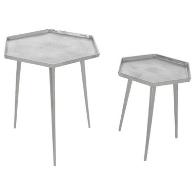 Silver Set of 2 Hexagonal Side Tables with Textured Tops and Splayed Legs