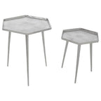 Silver Set of 2 Hexagonal Side Tables with Textured Tops and Splayed Legs