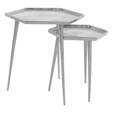 Silver Set of 2 Hexagonal Side Tables with Textured Tops and Splayed Legs