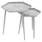 Silver Set of 2 Hexagonal Side Tables with Textured Tops and Splayed Legs