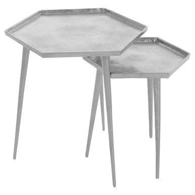 Silver Set of 2 Hexagonal Side Tables with Textured Tops and Splayed Legs