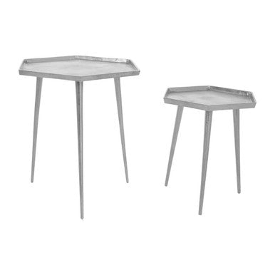Silver Set of 2 Hexagonal Side Tables with Textured Tops and Splayed Legs