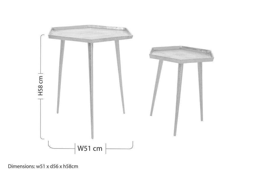 Silver Set of 2 Hexagonal Side Tables with Textured Tops and Splayed Legs