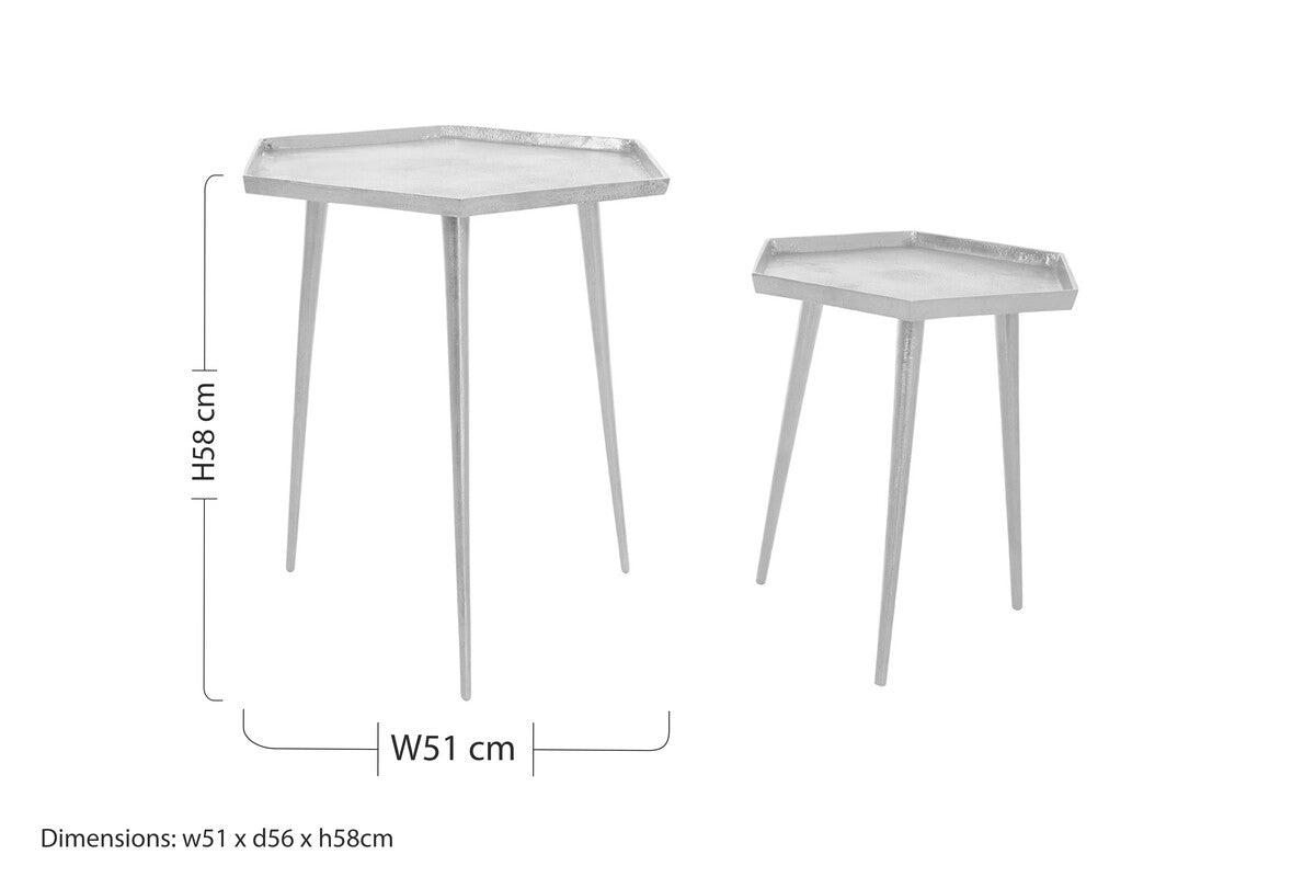 Silver Set of 2 Hexagonal Side Tables with Textured Tops and Splayed Legs