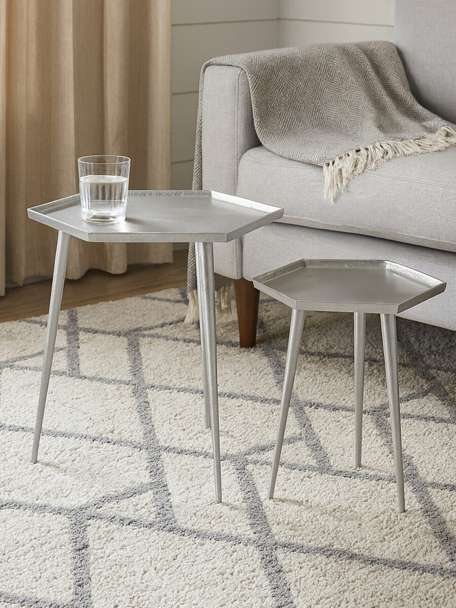 Silver Set of 2 Hexagonal Side Tables with Textured Tops and Splayed Legs
