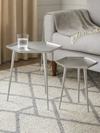 Silver Set of 2 Hexagonal Side Tables with Textured Tops and Splayed Legs