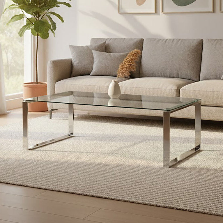 Silver Finish Rectangular Coffee Table with Clear Glass Top