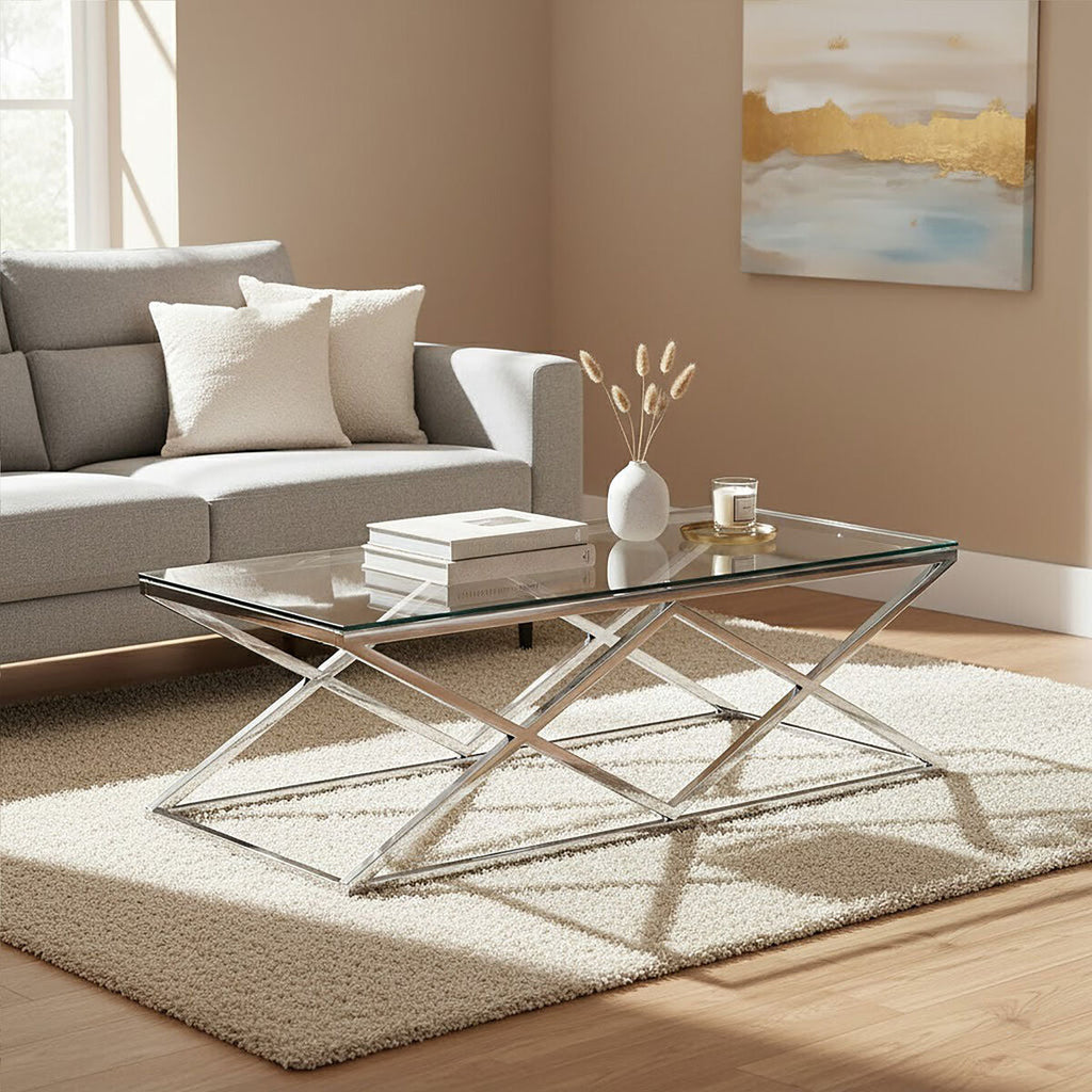 Silver Finish Coffee Table with Inverted Prism Base