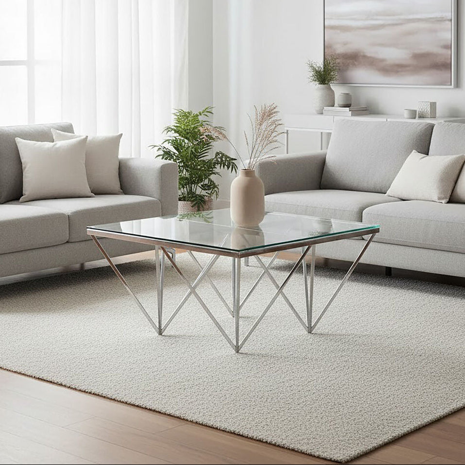 Clear Glass Square Coffee Table with Silver Finish Base
