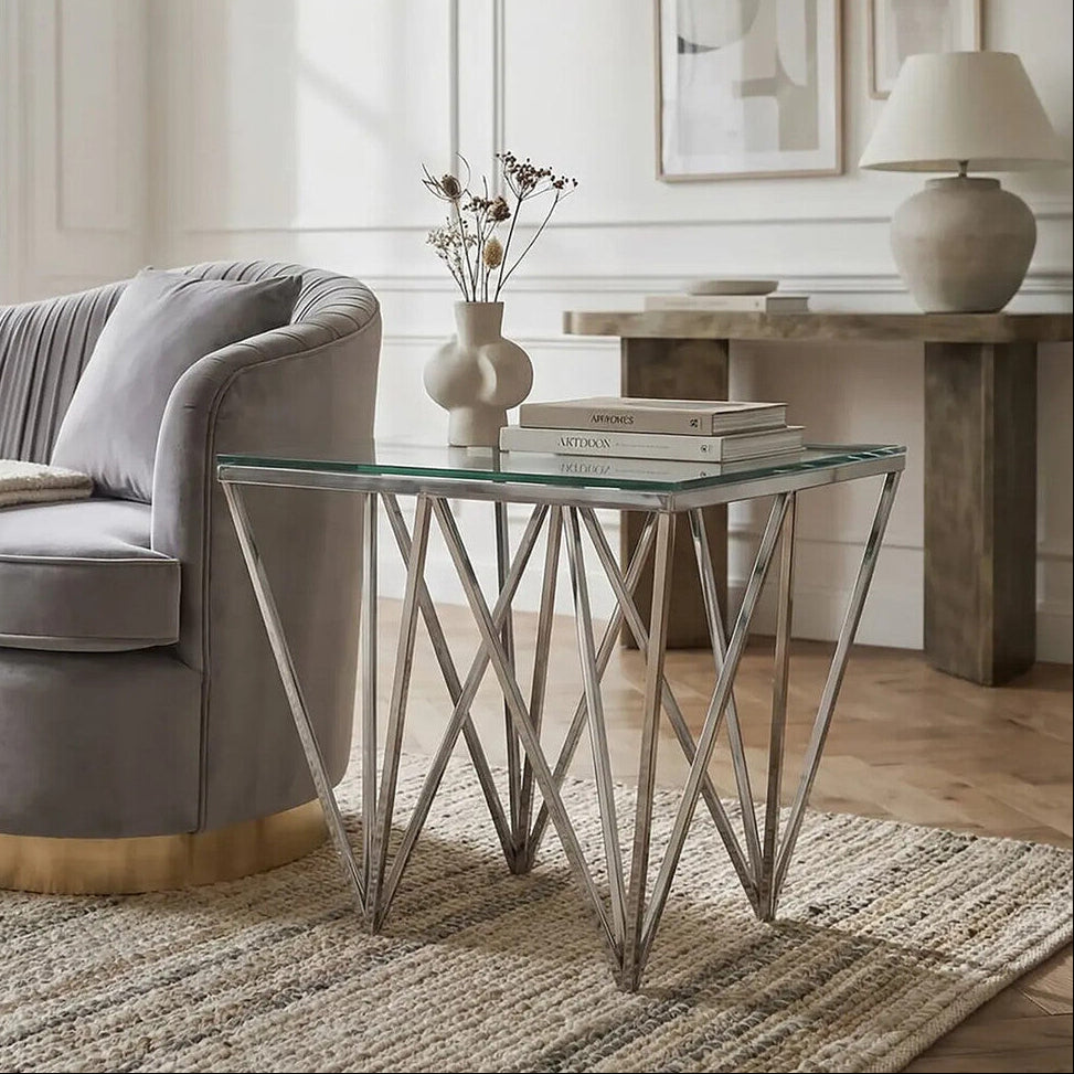 Clear Glass Square Side Table with Silver Finish Spike Base