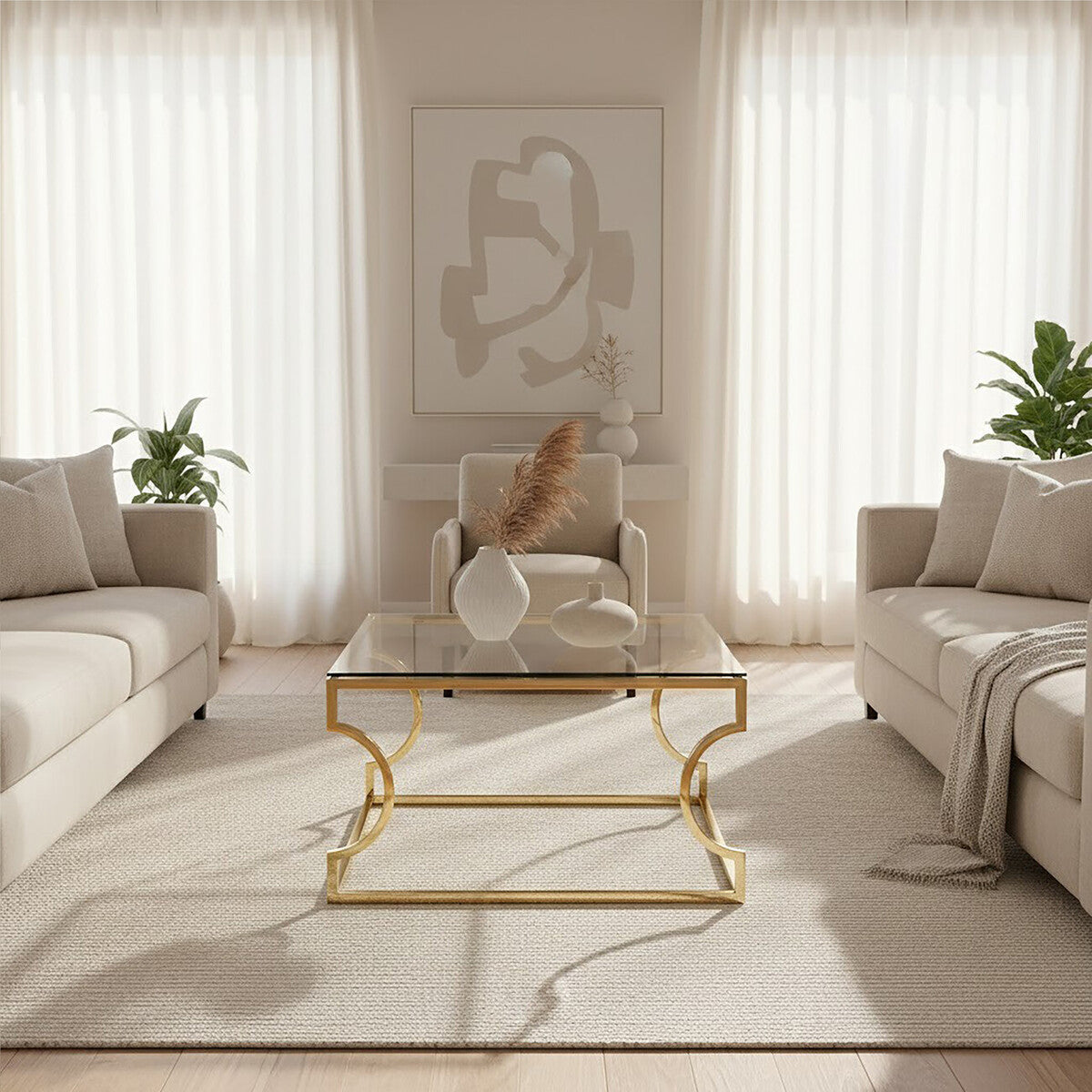 Gold Finish Coffee Table with Curved Frame