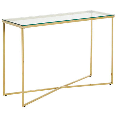 Clear Glass Console Table with Gold Finish Cross Frame