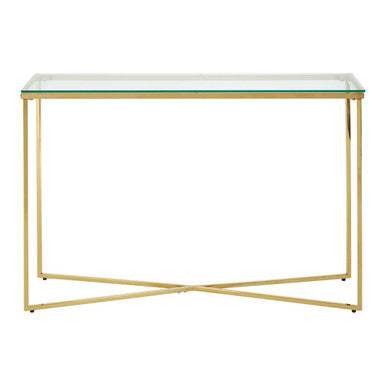 Clear Glass Console Table with Gold Finish Cross Frame