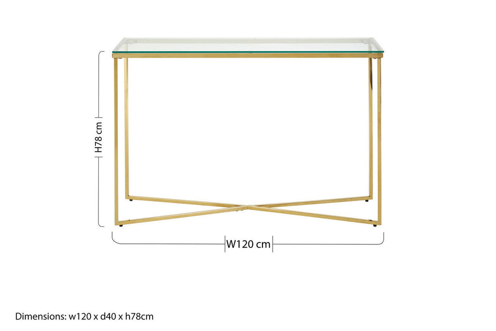 Clear Glass Console Table with Gold Finish Cross Frame