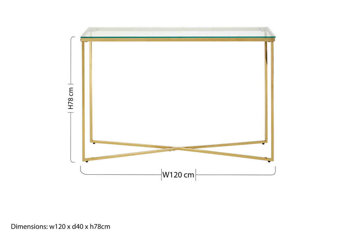 Clear Glass Console Table with Gold Finish Cross Frame