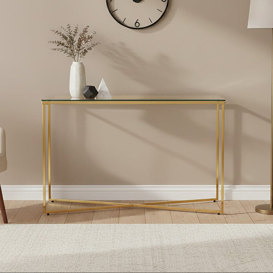 Clear Glass Console Table with Gold Finish Cross Frame
