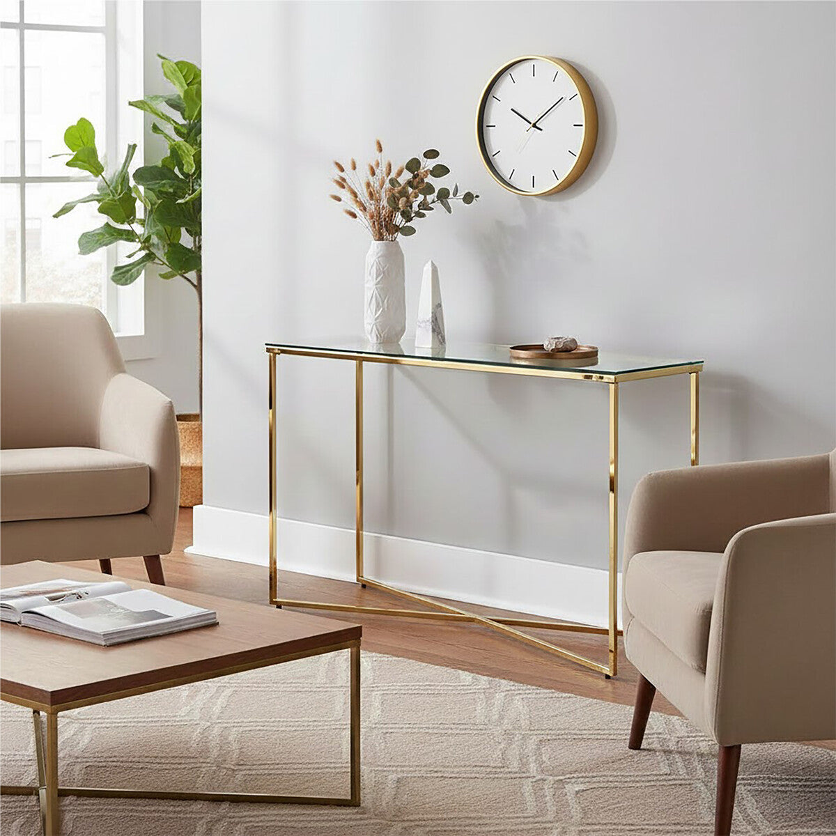 Clear Glass Console Table with Gold Finish Cross Frame