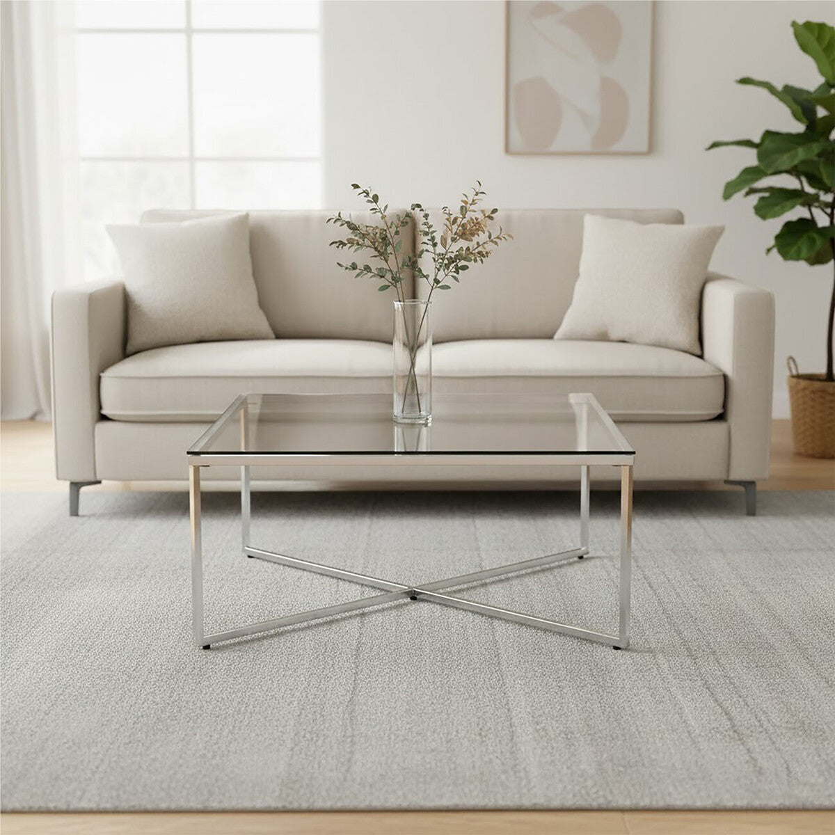 Silver Finish Square Coffee Table with Glass Top