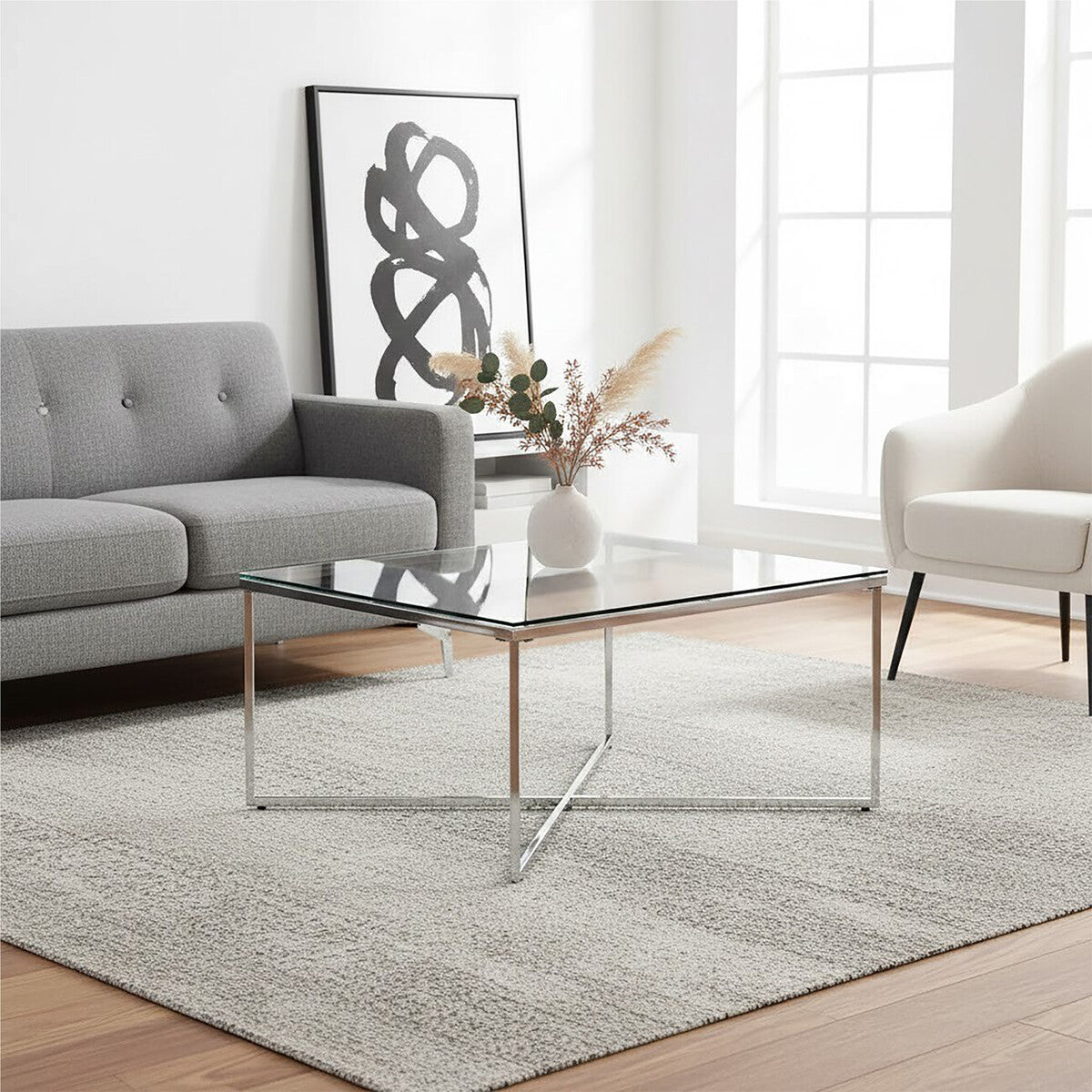 Silver Finish Square Coffee Table with Glass Top