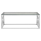 Silver Finish Coffee Table with Cross Frame and Tempered Glass Top