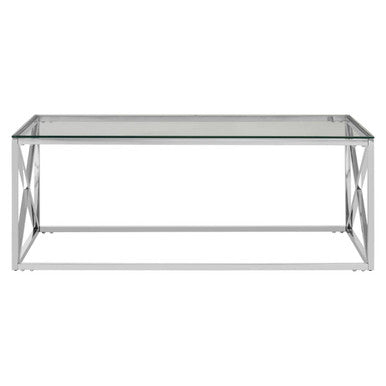 Silver Finish Coffee Table with Cross Frame and Tempered Glass Top
