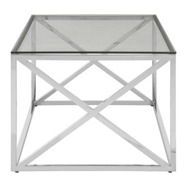 Silver Finish Coffee Table with Cross Frame and Tempered Glass Top