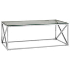Silver Finish Coffee Table with Cross Frame and Tempered Glass Top
