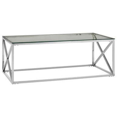 Silver Finish Coffee Table with Cross Frame and Tempered Glass Top