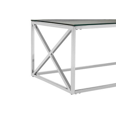 Silver Finish Coffee Table with Cross Frame and Tempered Glass Top