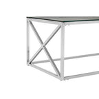 Silver Finish Coffee Table with Cross Frame and Tempered Glass Top
