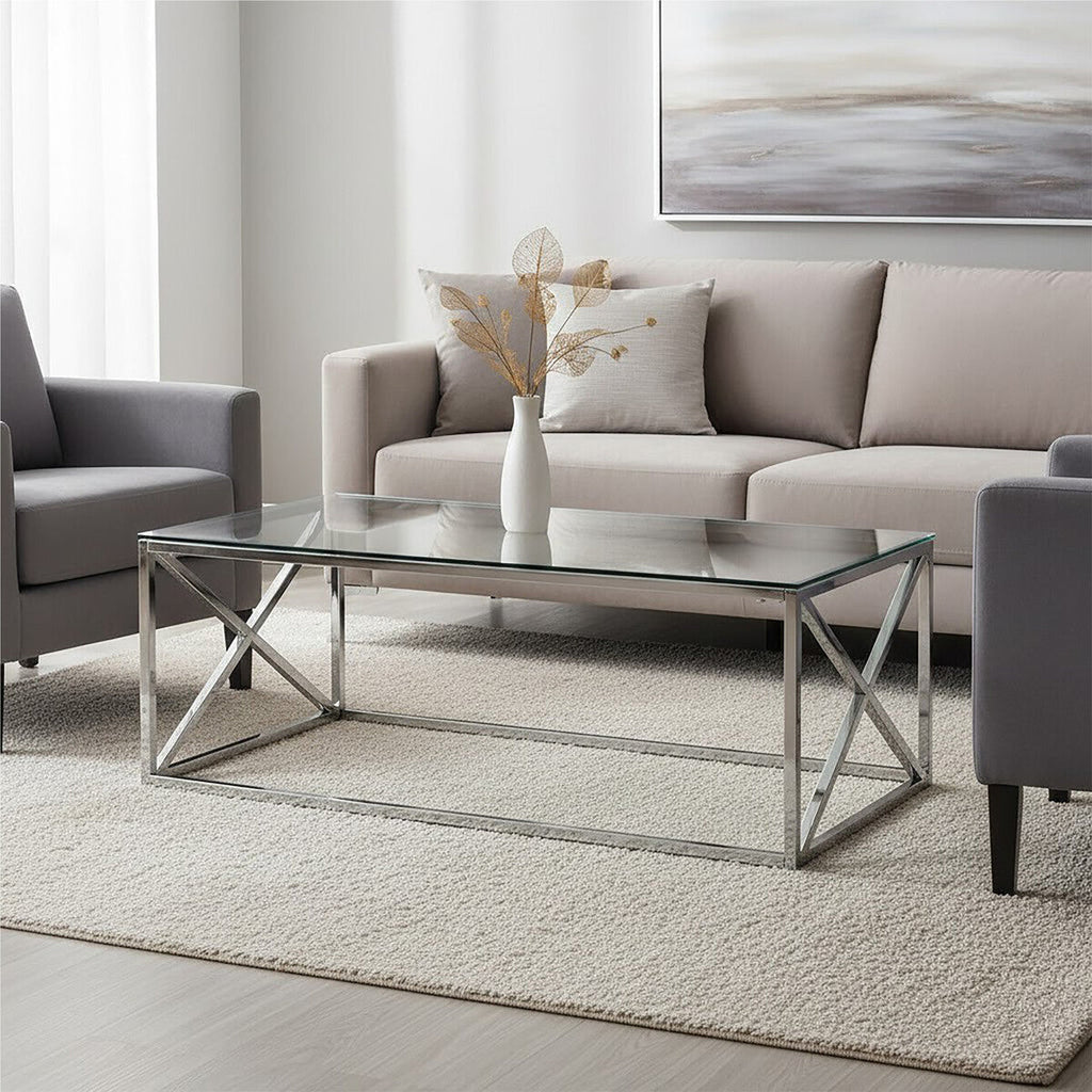 Silver Finish Coffee Table with Cross Frame and Tempered Glass Top