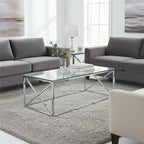 Silver Finish Coffee Table with Cross Frame and Tempered Glass Top