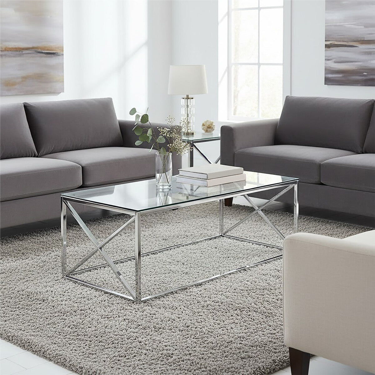 Silver Finish Coffee Table with Cross Frame and Tempered Glass Top