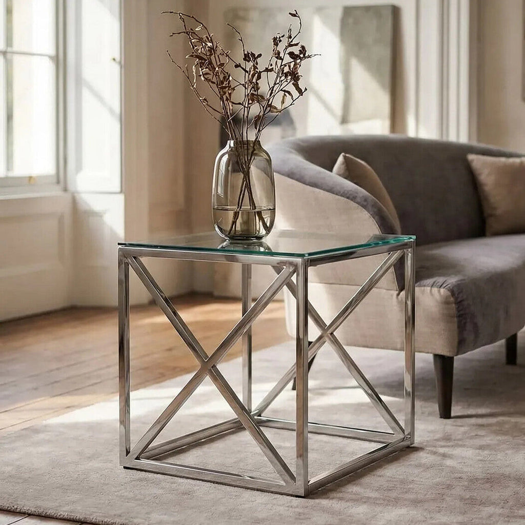 Silver Finish Square Side Table with Glass Top
